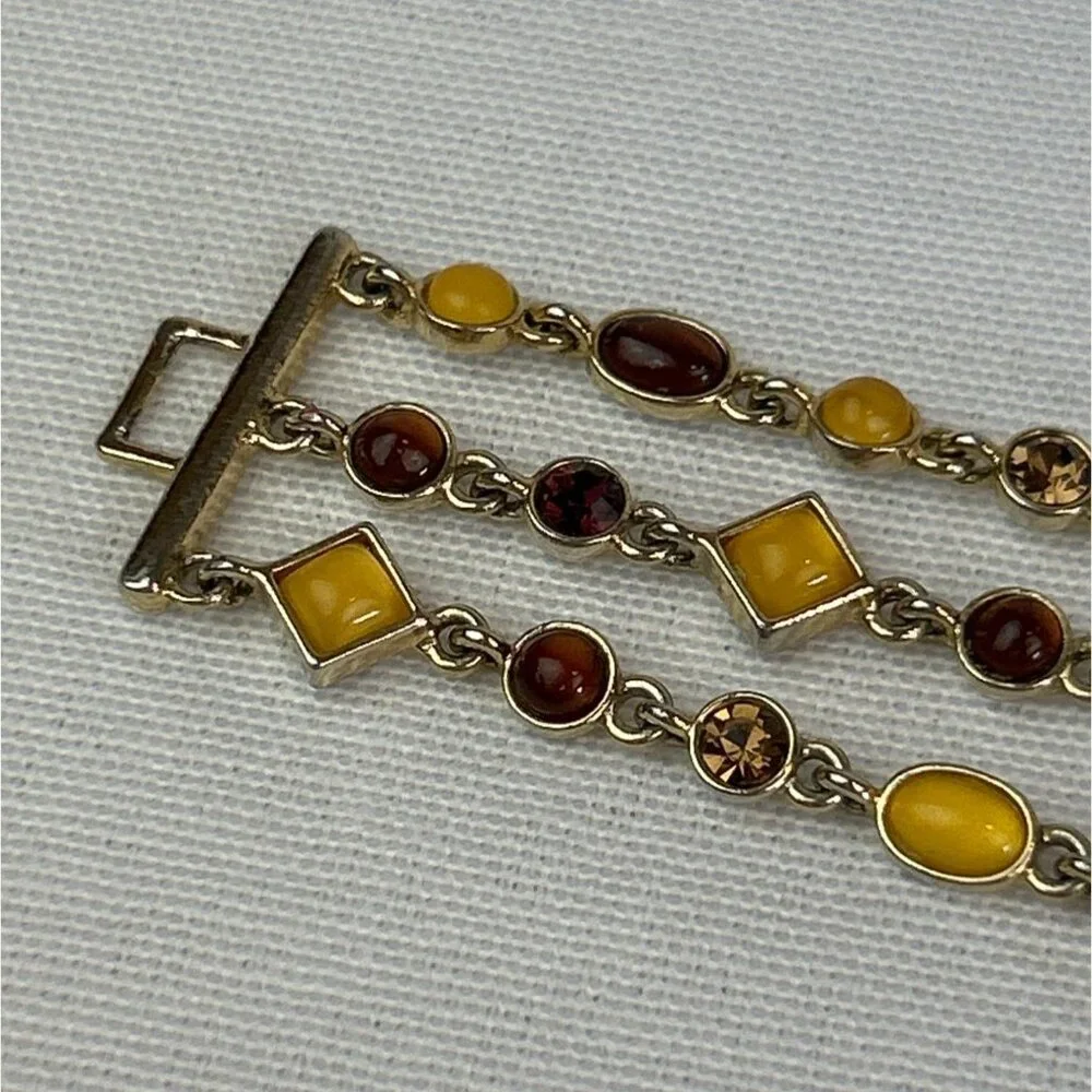 Gold Tone Triple Strand Bracelet Amber Honey Brown Color Gemstones - Picture 3 of 6